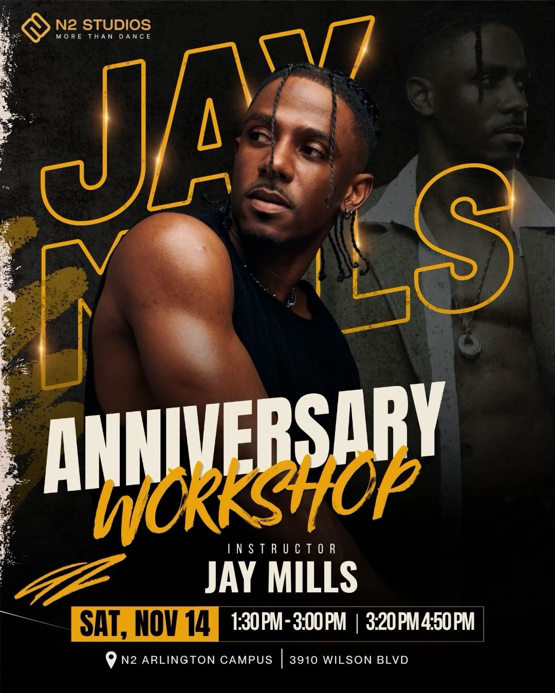 N2 Studios 5th anniversary workshop poster: instructor Jay Mills, Saturday, November 14, 1:30–3 PM and 3:20–4:50 PM, 3910 Wilson Blvd, Arlington