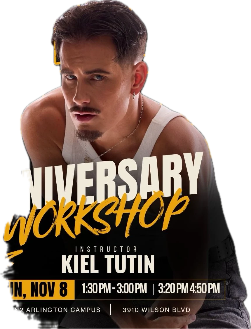 N2 Studios 5th anniversary workshop poster: instructor Kiel Tutin, Sunday, November 8, 1:30–3 PM and 3:20–4:50 PM, 3910 Wilson Blvd, Arlington
