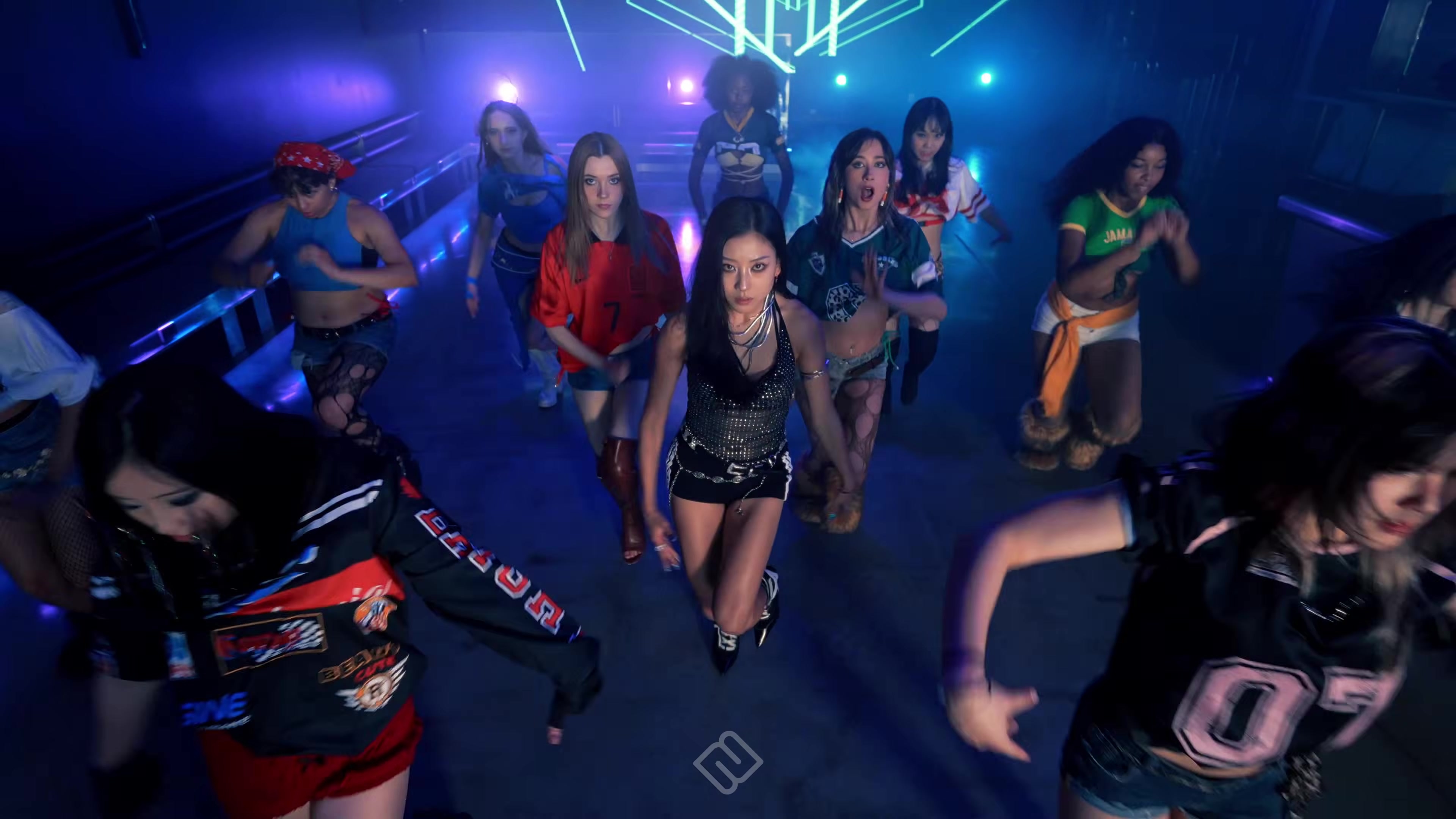 Seung Yeon and N2 dancers performing the Runway special project under blue stage lights.