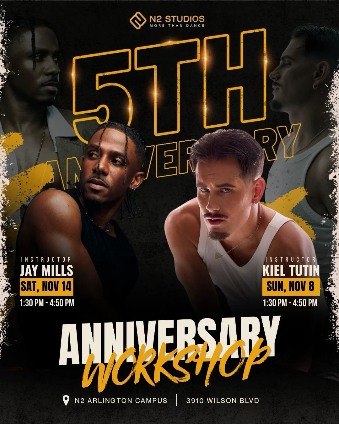N2 Studios 5th anniversary workshop poster featuring instructors Jay Mills and Kiel Tutin at the N2 Arlington campus.