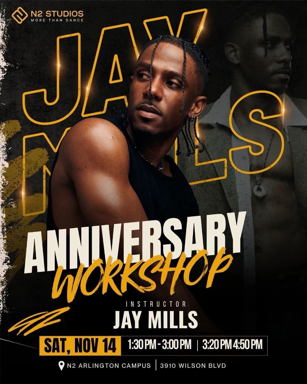 N2 Studios 5th anniversary workshop poster: instructor Jay Mills, Saturday, November 14, 1:30–3 PM and 3:20–4:50 PM, 3910 Wilson Blvd, Arlington